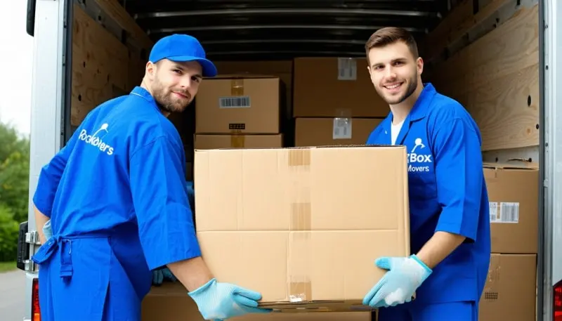 Two Rocket Box Movers in uniform carrying a box inside the truck